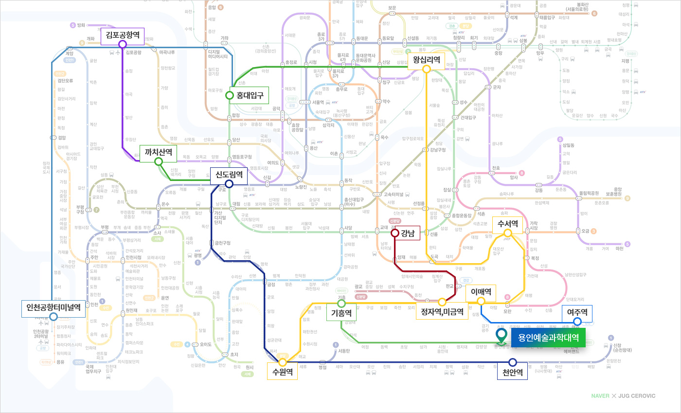 지하철을 이용한 교통편 안내로 아래 지하철 노선도 설명 참조